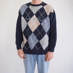 Vintage '90S Sweater Shop Navy Blue Argyle Knit Cotton Crewneck Sweater 2XL